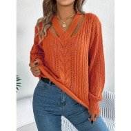 Women's Sweater Casual Soft Pure Color Cable V Neck Hollow Out Knitted Long Sleeve Regular Tops Knit Outdoor Daily Weekend White Orange Fall Winter 20