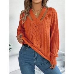 Women's Sweater Casual Soft Pure Color Cable V Neck Hollow Out Knitted Long Sleeve Regular Tops Knit Outdoor Daily Weekend White Orange Fall Winter 20