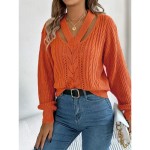 Women's Sweater Casual Soft Pure Color Cable V Neck Hollow Out Knitted Long Sleeve Regular Tops Knit Outdoor Daily Weekend White Orange Fall Winter 20