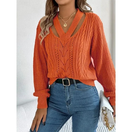 Women's Sweater Casual Soft Pure Color Cable V Neck Hollow Out Knitted Long Sleeve Regular Tops Knit Outdoor Daily Weekend White Orange Fall Winter 20
