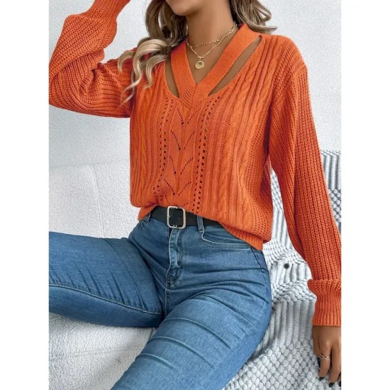 Women's Sweater Casual Soft Pure Color Cable V Neck Hollow Out Knitted Long Sleeve Regular Tops Knit Outdoor Daily Weekend White Orange Fall Winter 20