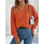 Women's Sweater Casual Soft Pure Color Cable V Neck Hollow Out Knitted Long Sleeve Regular Tops Knit Outdoor Daily Weekend White Orange Fall Winter 20