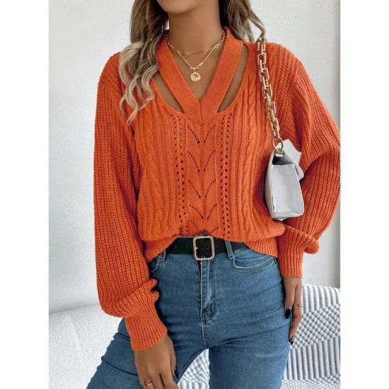 Women's Sweater Casual Soft Pure Color Cable V Neck Hollow Out Knitted Long Sleeve Regular Tops Knit Outdoor Daily Weekend White Orange Fall Winter 20
