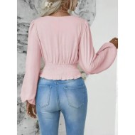 Women's Blouse Stylish Modern Solid Color Ruched Bell Sleeve Long Sleeve V Neck Work Daily Black White Pink Green Spring Fall Winter 2025