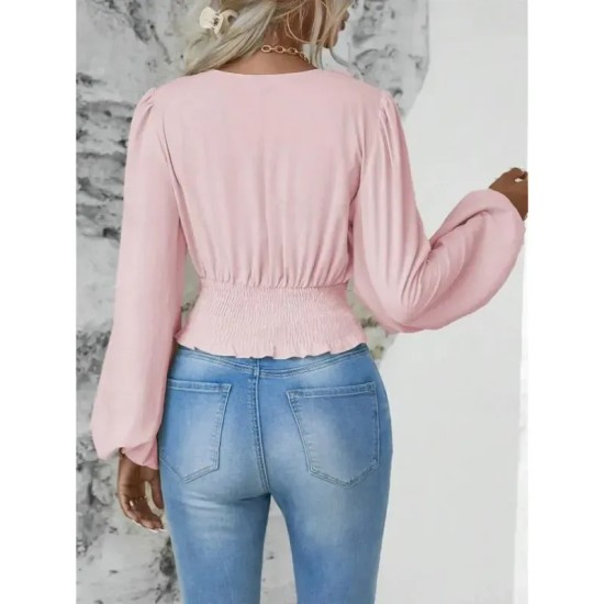 Women's Blouse Stylish Modern Solid Color Ruched Bell Sleeve Long Sleeve V Neck Work Daily Black White Pink Green Spring Fall Winter 2025