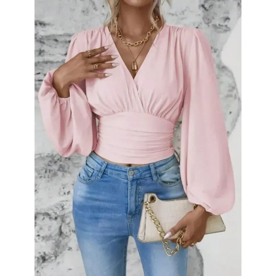 Women's Blouse Stylish Modern Solid Color Ruched Bell Sleeve Long Sleeve V Neck Work Daily Black White Pink Green Spring Fall Winter 2025