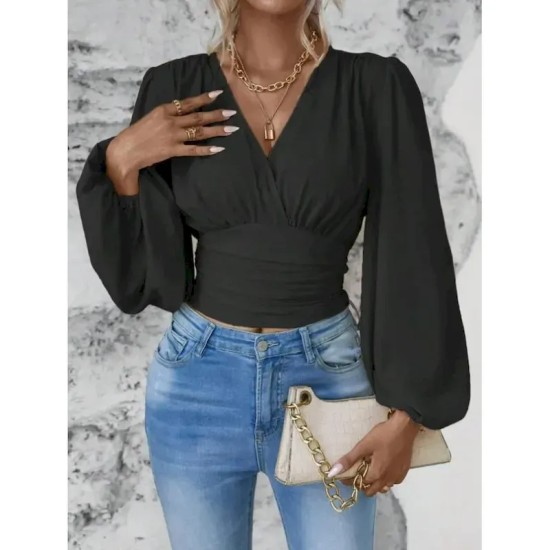 Women's Blouse Stylish Modern Solid Color Ruched Bell Sleeve Long Sleeve V Neck Work Daily Black White Pink Green Spring Fall Winter 2025