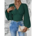 Women's Blouse Stylish Modern Solid Color Ruched Bell Sleeve Long Sleeve V Neck Work Daily Black White Pink Green Spring Fall Winter 2025