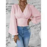 Women's Blouse Stylish Modern Solid Color Ruched Bell Sleeve Long Sleeve V Neck Work Daily Black White Pink Green Spring Fall Winter 2025