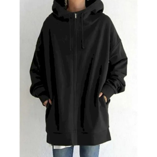 Women's Hoodie Jacket Warm Breathable Zipper Pocket Casual Plain Vacation Street Daily Wear Going out Zipper Long Hoodie Regular Fit Long Sleeve Outer