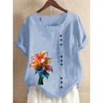 Women's 100% Cotton Blouse Vintage Casual Crew Neck Daily Going out Buttons Print Maroon Grass Green Navy Blue Blue Purple 2025