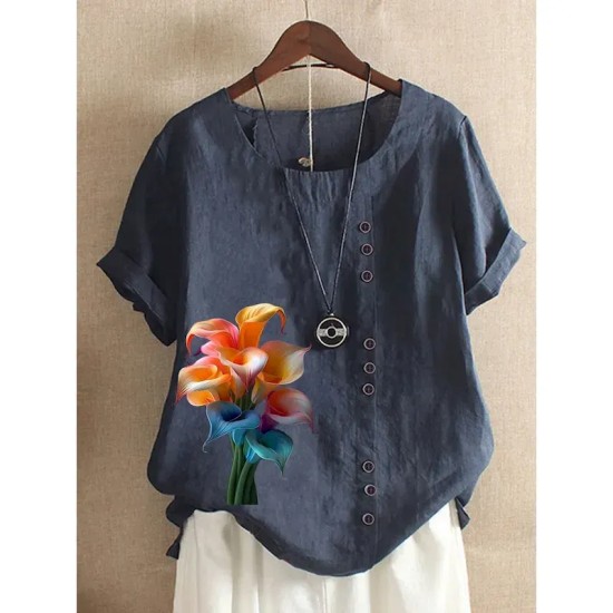 Women's 100% Cotton Blouse Vintage Casual Crew Neck Daily Going out Buttons Print Maroon Grass Green Navy Blue Blue Purple 2025