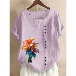 Women's 100% Cotton Blouse Vintage Casual Crew Neck Daily Going out Buttons Print Maroon Grass Green Navy Blue Blue Purple 2025