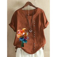 Women's 100% Cotton Blouse Vintage Casual Crew Neck Daily Going out Buttons Print Maroon Grass Green Navy Blue Blue Purple 2025