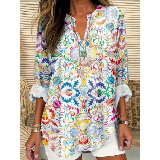 Women's Blouse Tunic V Neck Long Sleeve Boho Casual Graphic Geometric Elegant Daily Regular Tops Daily Print Black Yellow Red Blue Gold 2025
