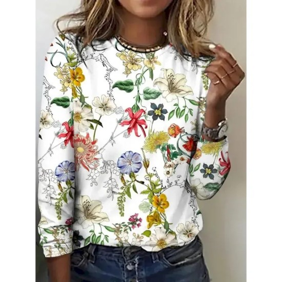 Women's T shirt Crew Neck Long Sleeve Tunic Floral Casual  Regular Tops Daily Print Pearl Spring Fall 2025
