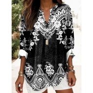 Women's Blouse Tunic V Neck Long Sleeve Boho Casual Graphic Geometric Elegant Daily Regular Tops Daily Print Black Yellow Red Blue Gold 2025