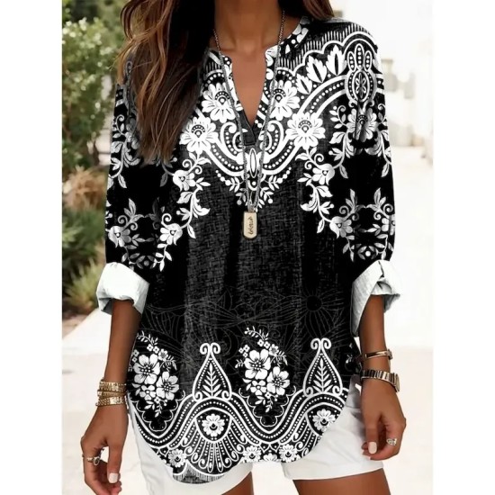 Women's Blouse Tunic V Neck Long Sleeve Boho Casual Graphic Geometric Elegant Daily Regular Tops Daily Print Black Yellow Red Blue Gold 2025