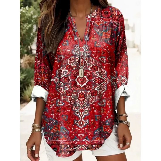 Women's Blouse Tunic V Neck Long Sleeve Boho Casual Graphic Geometric Elegant Daily Regular Tops Daily Print Black Yellow Red Blue Gold 2025
