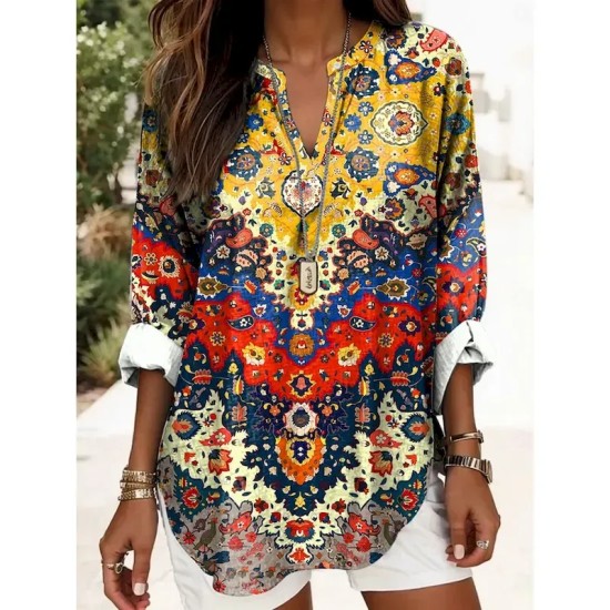 Women's Blouse Tunic V Neck Long Sleeve Boho Casual Graphic Geometric Elegant Daily Regular Tops Daily Print Black Yellow Red Blue Gold 2025