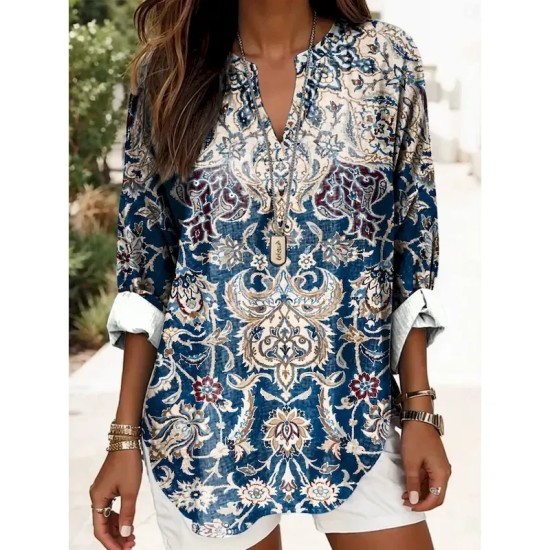 Women's Blouse Tunic V Neck Long Sleeve Boho Casual Graphic Geometric Elegant Daily Regular Tops Daily Print Black Yellow Red Blue Gold 2025