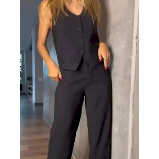 Women's Set Suit Vest Work Buttons Solid Color Breathable OL Style Regular Fit Outerwear Sleeveless Summer Black S 2025