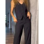 Women's Set Suit Vest Work Buttons Solid Color Breathable OL Style Regular Fit Outerwear Sleeveless Summer Black S 2025
