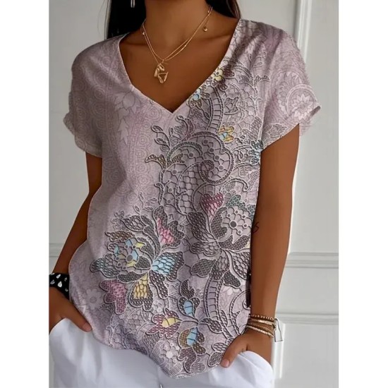 Women's Cotton Shirt Floral Graphic Vintage Stylish Classic Short Sleeve V Neck Regular Tops Daily Print White Purple Orange Summer Spring 2025