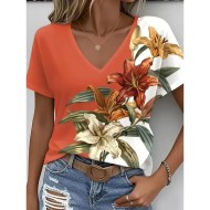 Women's Cotton Shirt Floral Graphic Vintage Stylish Classic Short Sleeve V Neck Regular Tops Daily Print White Purple Orange Summer Spring 2025