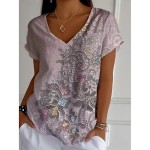 Women's Cotton Shirt Floral Graphic Vintage Stylish Classic Short Sleeve V Neck Regular Tops Daily Print White Purple Orange Summer Spring 2025