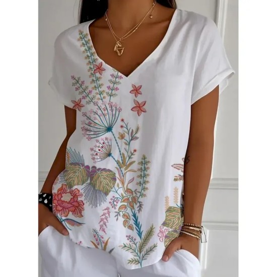 Women's Cotton Shirt Floral Graphic Vintage Stylish Classic Short Sleeve V Neck Regular Tops Daily Print White Purple Orange Summer Spring 2025