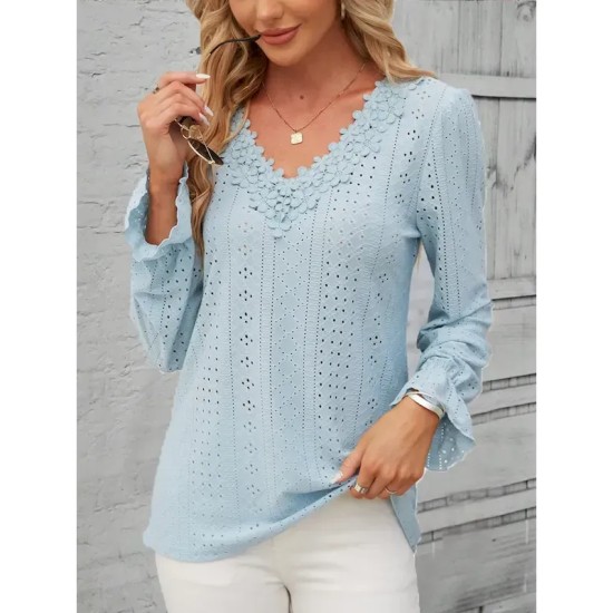 Women's Elegant Lace Tops Eyelet Blouse Solid Color Lace Eyelet Flutter Sleeve Long Sleeve Regular Tops V Neck Daily Romantic Petite Tops Summer Holid Women's Elegant Lace Tops Eyelet Blouse Solid Color Lace Eyelet Flutter Sleeve Long Sleeve Regular Tops V Neck Daily Romantic Petite Tops Summer Holid