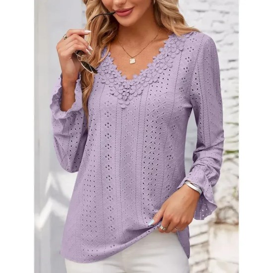Women's Elegant Lace Tops Eyelet Blouse Solid Color Lace Eyelet Flutter Sleeve Long Sleeve Regular Tops V Neck Daily Romantic Petite Tops Summer Holid Women's Elegant Lace Tops Eyelet Blouse Solid Color Lace Eyelet Flutter Sleeve Long Sleeve Regular Tops V Neck Daily Romantic Petite Tops Summer Holid