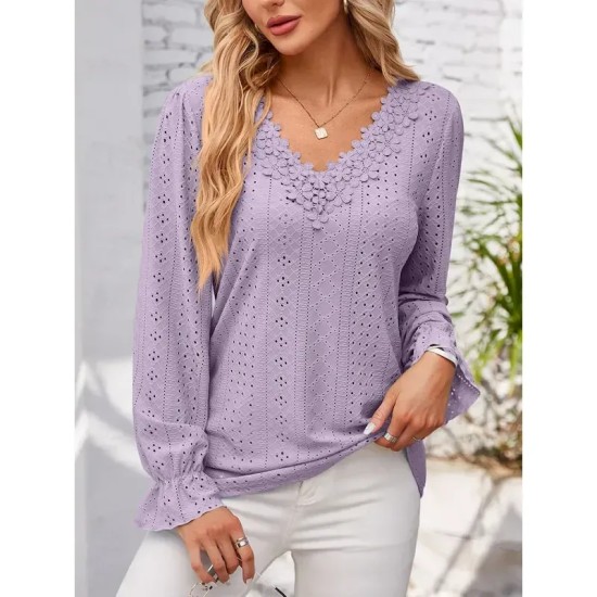 Women's Elegant Lace Tops Eyelet Blouse Solid Color Lace Eyelet Flutter Sleeve Long Sleeve Regular Tops V Neck Daily Romantic Petite Tops Summer Holid Women's Elegant Lace Tops Eyelet Blouse Solid Color Lace Eyelet Flutter Sleeve Long Sleeve Regular Tops V Neck Daily Romantic Petite Tops Summer Holid