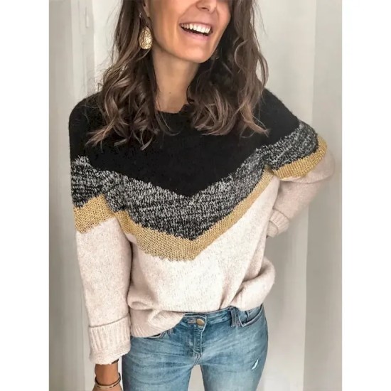 Women's Sweater Casual Soft Geometric Ribbed Crew Neck Knitted Long Sleeve Regular Tops Knit Outdoor Daily Weekend Black Brown Fall Winter 2025