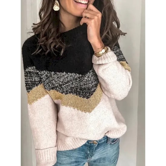 Women's Sweater Casual Soft Geometric Ribbed Crew Neck Knitted Long Sleeve Regular Tops Knit Outdoor Daily Weekend Black Brown Fall Winter 2025