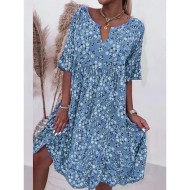 Women's Casual Dress V-Neck Short Sleeve Pink White Floral Print Empire Waist Spring Summer Versatile Daily Beach Picnic Flowy Comfortable Fabric Size