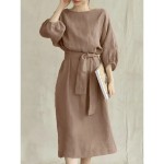 Women's Mini Dress Cotton Linen Dresses Casual Dress Basic Casual Vacation Daily Regular Fit Plain 3\/4 Length Sleeve Crew Neck Navy Blue Brown Khaki A
