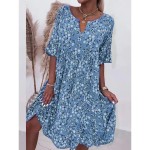 Women's Casual Dress V-Neck Short Sleeve Pink White Floral Print Empire Waist Spring Summer Versatile Daily Beach Picnic Flowy Comfortable Fabric Size