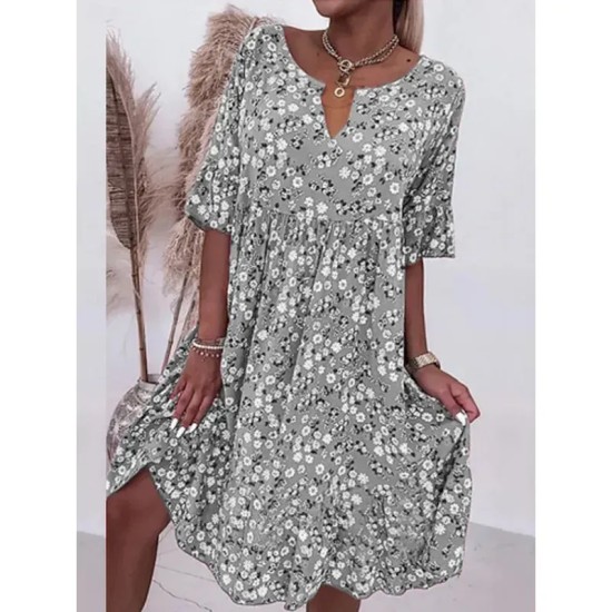 Women's Casual Dress V-Neck Short Sleeve Pink White Floral Print Empire Waist Spring Summer Versatile Daily Beach Picnic Flowy Comfortable Fabric Size