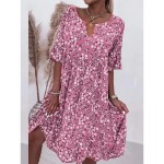 Women's Casual Dress V-Neck Short Sleeve Pink White Floral Print Empire Waist Spring Summer Versatile Daily Beach Picnic Flowy Comfortable Fabric Size