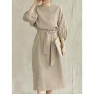 Women's Mini Dress Cotton Linen Dresses Casual Dress Basic Casual Vacation Daily Regular Fit Plain 3\/4 Length Sleeve Crew Neck Navy Blue Brown Khaki A