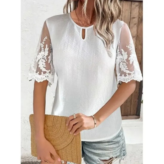 Women's White Elegant Lace Tops Eyelet Blouse Daily Regular Tops Short Sleeve Crew Neck Lace Regular Fit Daily Going out Romantic Petite Tops Summer H