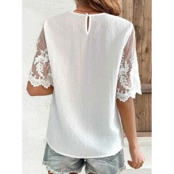 Women's White Elegant Lace Tops Eyelet Blouse Daily Regular Tops Short Sleeve Crew Neck Lace Regular Fit Daily Going out Romantic Petite Tops Summer H