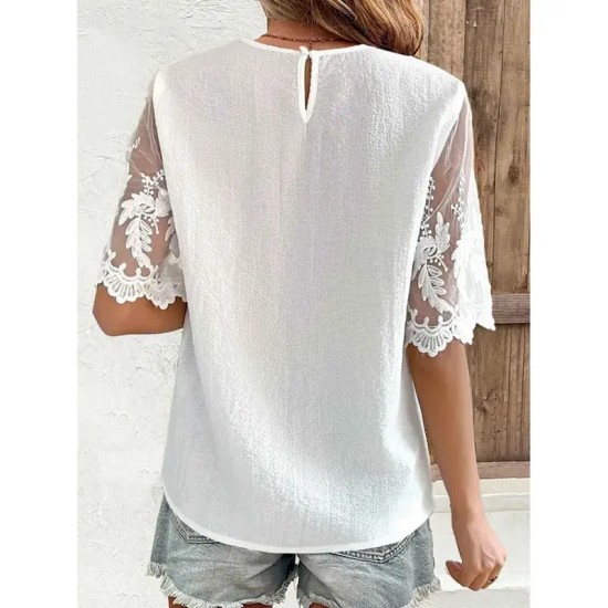 Women's White Elegant Lace Tops Eyelet Blouse Daily Regular Tops Short Sleeve Crew Neck Lace Regular Fit Daily Going out Romantic Petite Tops Summer H