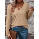 Women's T Shirt Plain Fashion Modern Casual Long Sleeve V Neck Regular Tops Daily Weekend Black Fuchsia Khaki Spring Fall 2025