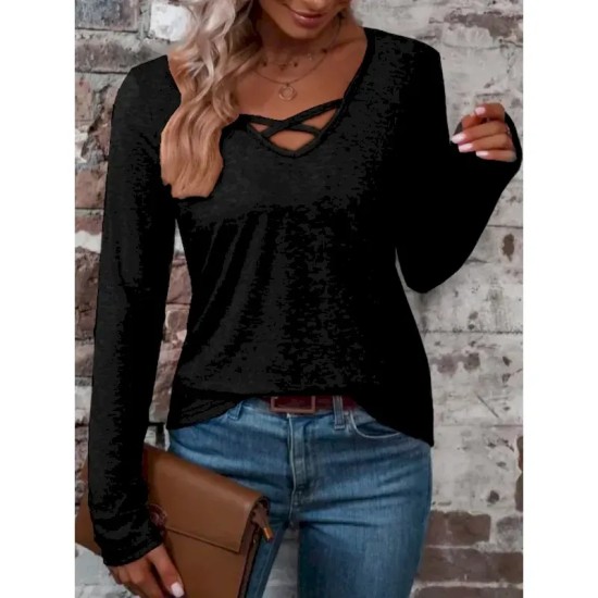 Women's T Shirt Plain Fashion Modern Casual Long Sleeve V Neck Regular Tops Daily Weekend Black Fuchsia Khaki Spring Fall 2025