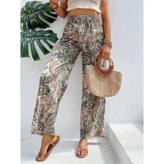 Women's Wide Leg Pants Trousers Casual Daily Long Floral Wide Leg Elastic Waistband Breathability Comfortable Micro-elastic Weekend Blue Red Green Kha