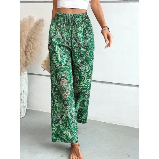 Women's Wide Leg Pants Trousers Casual Daily Long Floral Wide Leg Elastic Waistband Breathability Comfortable Micro-elastic Weekend Blue Red Green Kha