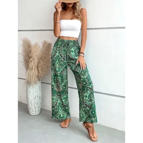 Women's Wide Leg Pants Trousers Casual Daily Long Floral Wide Leg Elastic Waistband Breathability Comfortable Micro-elastic Weekend Blue Red Green Kha